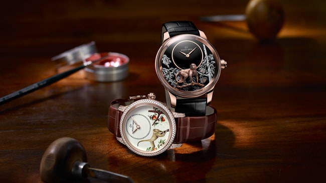 Jaquet Droz, Petite Heure Minute 35mm Monkey: J005003216, and Relief Monkey: J005023281, Ambiance