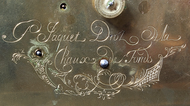 Jaquet Droz, singing bird pendulum clock by Pierre Jaquet-Droz, Close-Up on engraved signature
