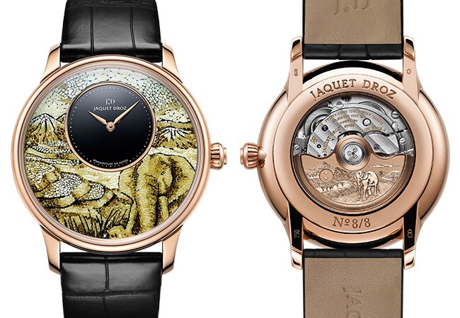 JAQUET DROZ PETITE HEURE MINUTE MOSAIC ELEPHANT J005033280 FRONT BACK