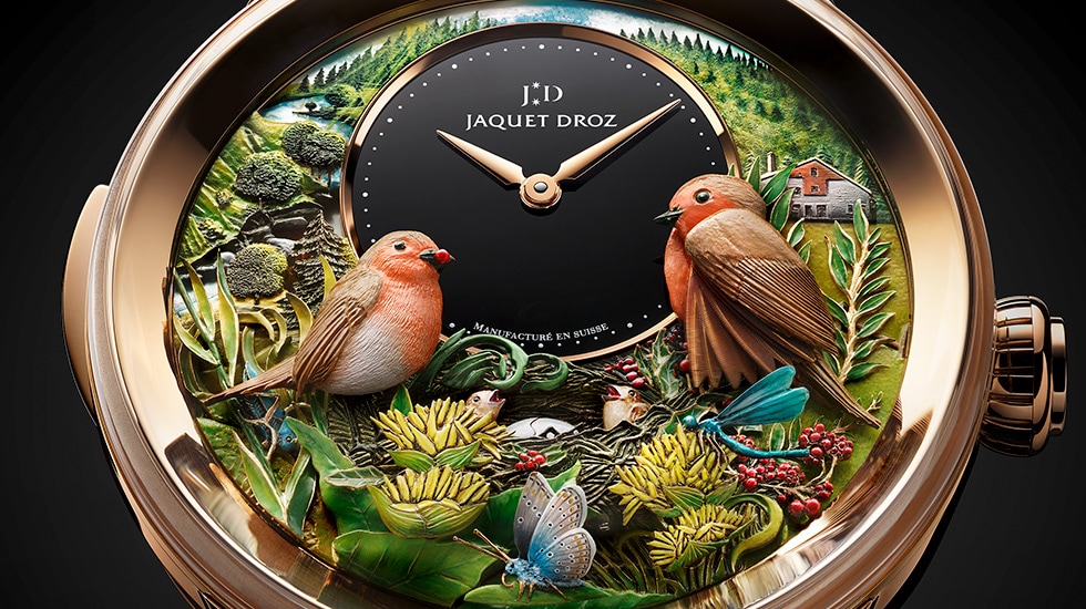 Jaquet Droz, Baselworld 2017 Novelties, J032533270, Loving Butterfly Automaton, Close-Up Front