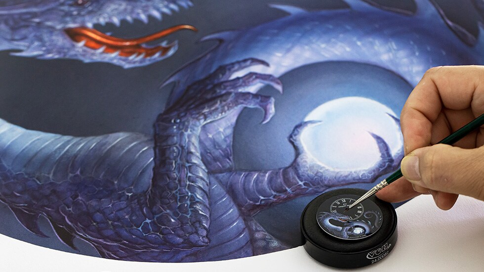 Jaquet Droz, Petite Heure Minute Dragon, John Howe, J005123207, J005124207, Workshop, Painting