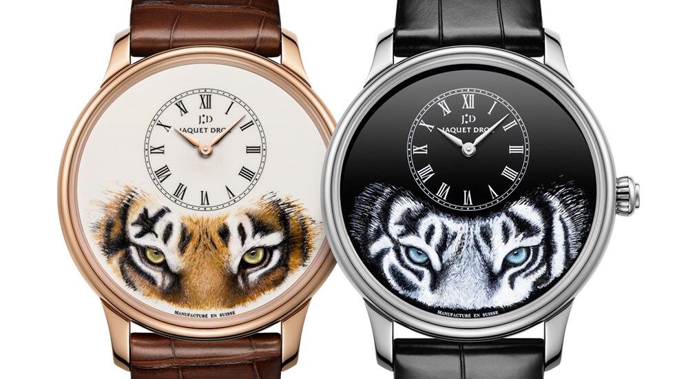 Jaquet Droz, Petite Heure Minute Tiger, J005033331, J005034275, Duo Front