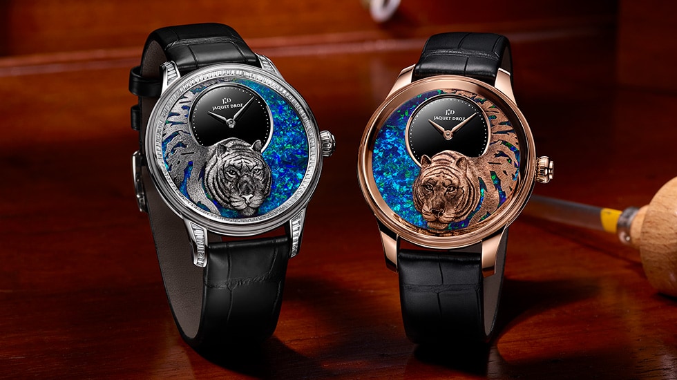 Jaquet Droz, Relief Petite Heure Minute Tiger, J005023300, J005024288, Ambiance Duo
