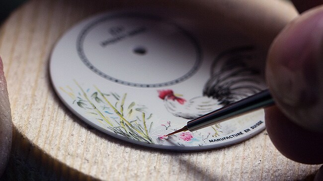 Jaquet Droz, Petite Heure Minute Rooster, Painting Workshop close-up