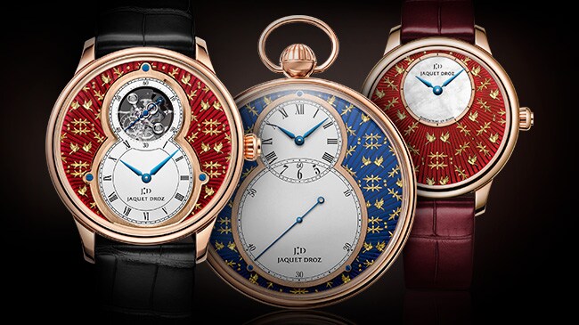 Jaquet Droz, Paillonnee, Gold Arabesques, Grande Seconde Tourbillon J013033243, Pocket Watch J080033047, Petite Heure Minute J005003243