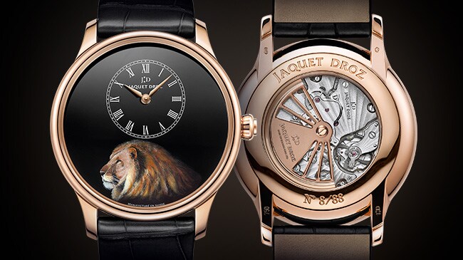 Jaquet Droz, Petite Heure Minute Black Enamel, J005013217, Petite Heure Minute Pink Flamingo, front back