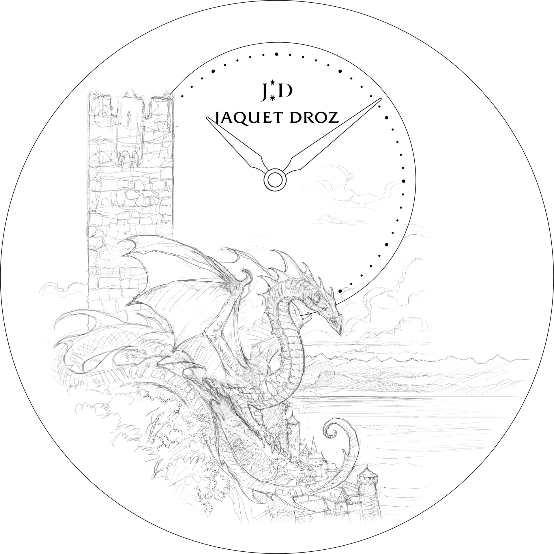 Pencil illustration of a northern dragon near the Neuchâtel tower, by John Howe