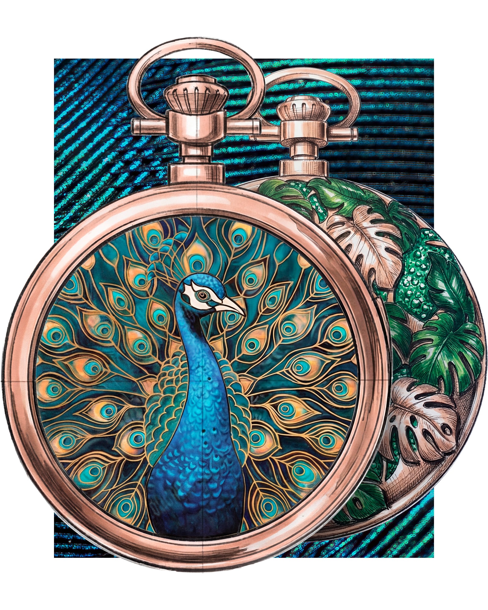 Peacock Repeater Automaton Red Gold Pocket Watch, design