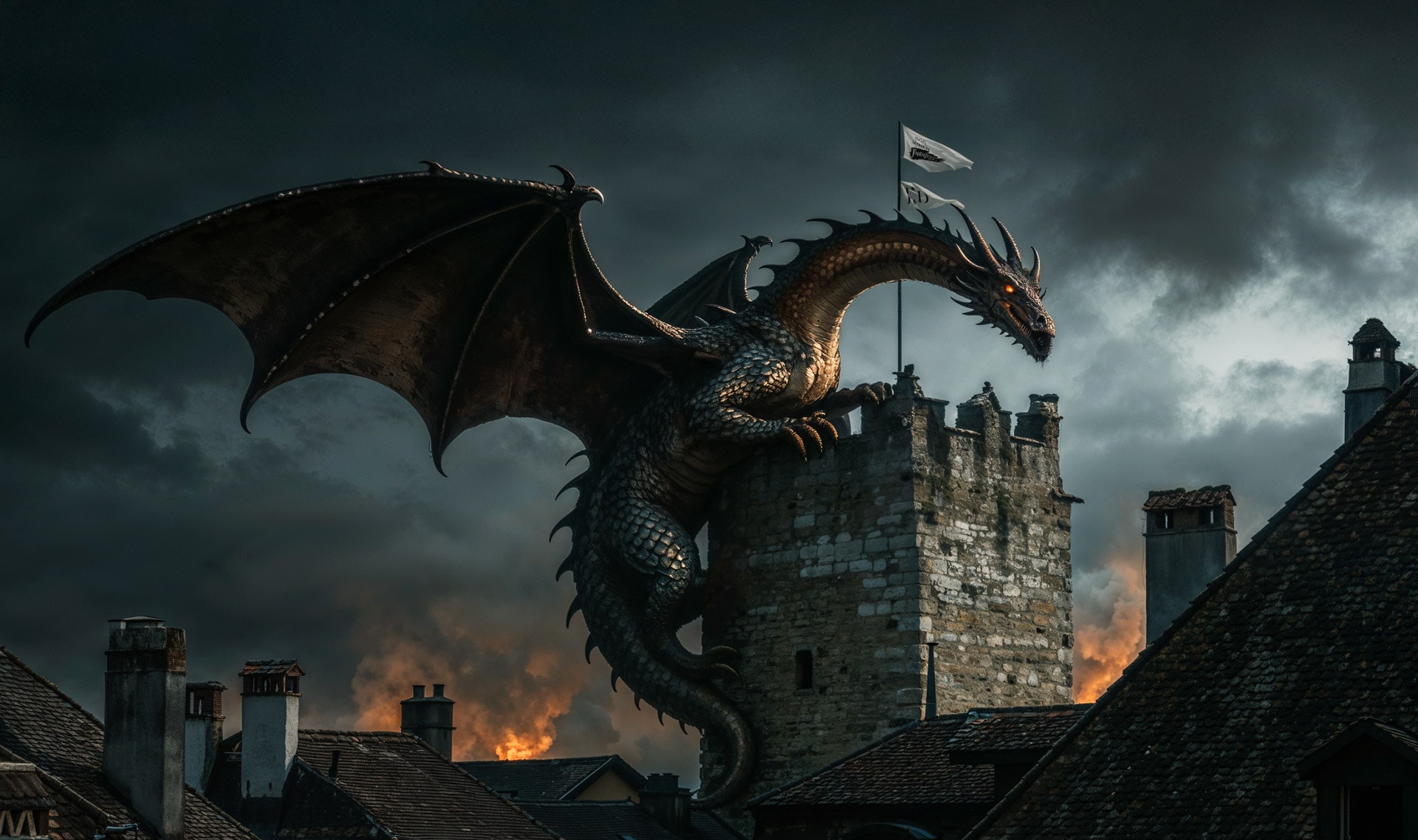 Digital art illustration of a northern dragon on the Neuchâtel Tower, by John Howe