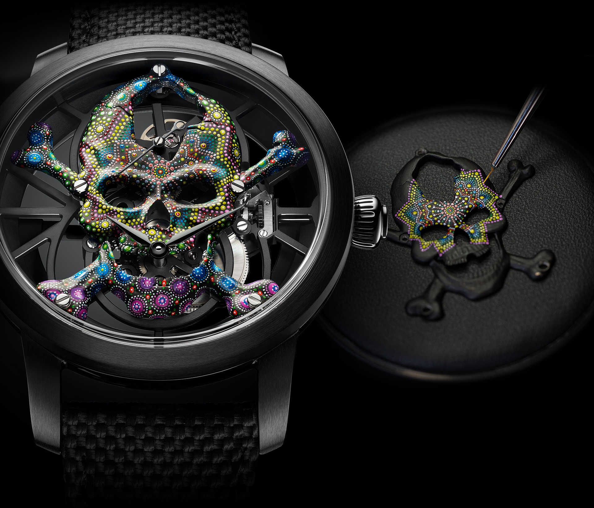 陶瓷镂空陀飞轮骷髅腕表<br>(Tourbillon Skelet Ceramic - Skull pointillism)