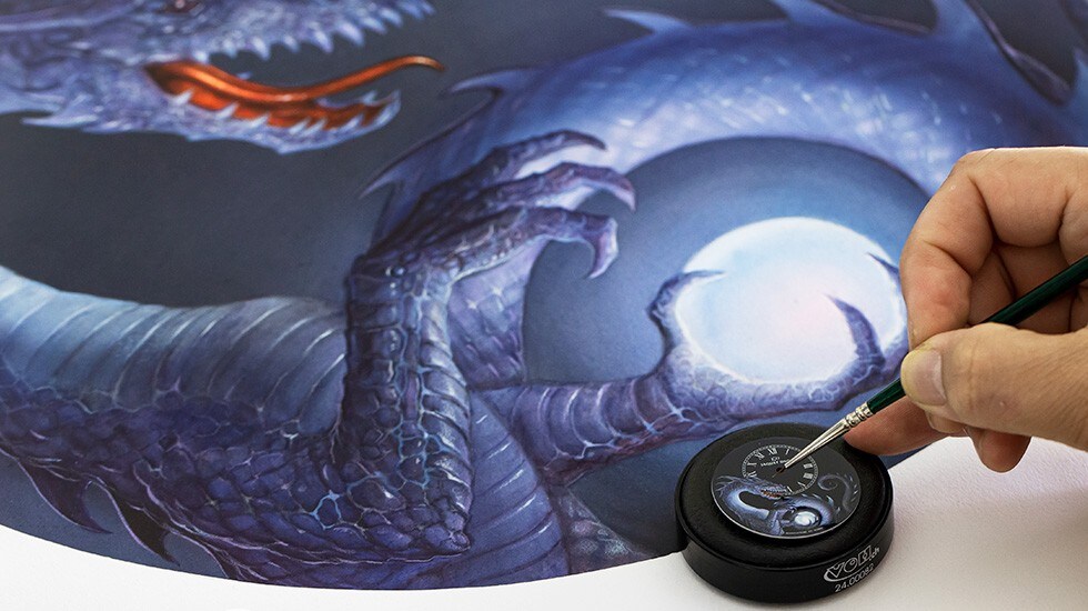 Jaquet Droz, Petite Heure Minute Dragon, John Howe, J005123207, J005124207, Workshop, Painting